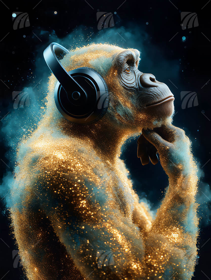 Kosmischer Schimpanse in Gold & Blau Tiere Wandbild auf Aluminium Dibond Spanntuch