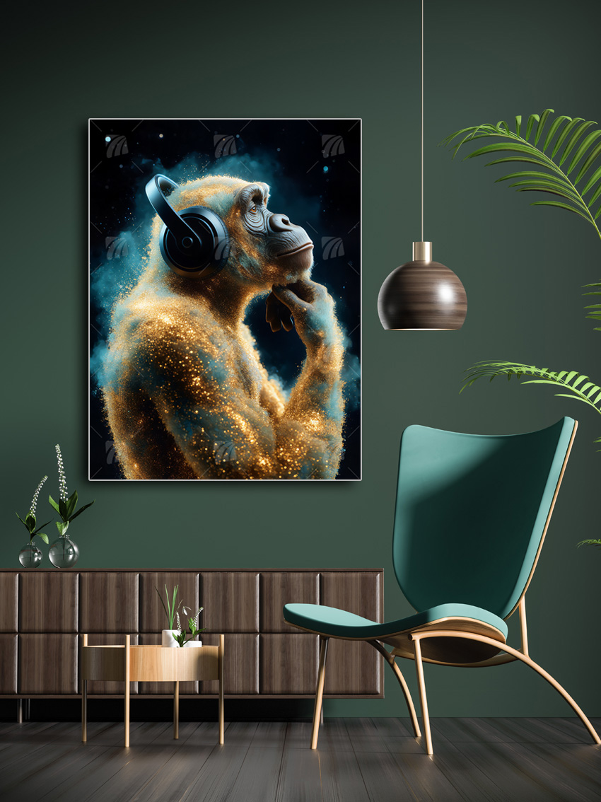 Kosmischer Schimpanse in Gold & Blau Tiere Wandbild – Detailansicht