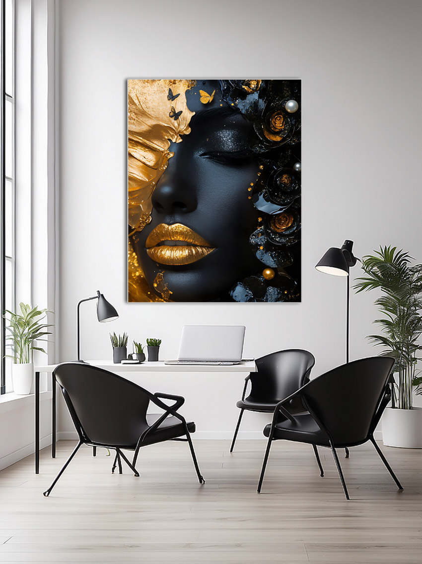 Golden Flora Opulentes Porträt Black & Gold Wandbild – Detailansicht