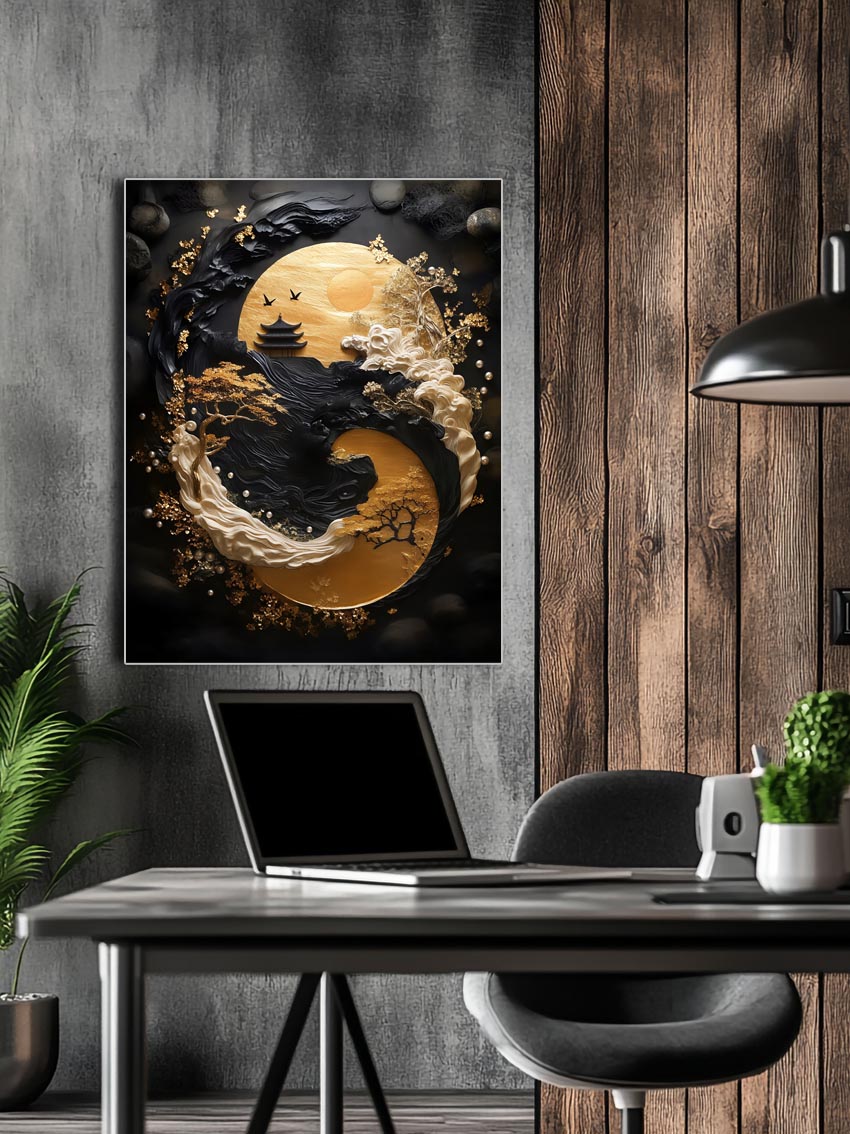 Das Yin & Yang Black & Gold Wandbild – Detailansicht