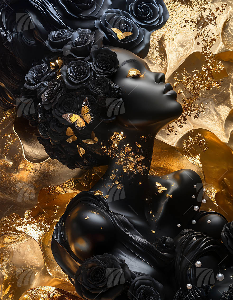 Golden Butterfly Black & Gold Wandbild auf Aluminium Dibond Spanntuch