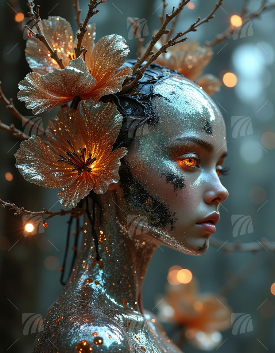 Golden Blossom Spirit Mythisch Wandbild auf Aluminium Dibond Spanntuch
