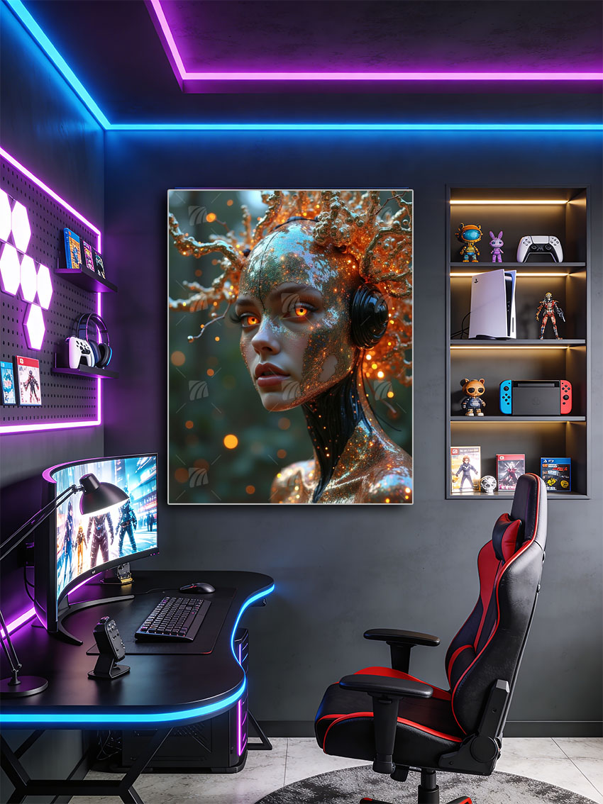 Golden Cyber Muse Mythisch Wandbild – Detailansicht