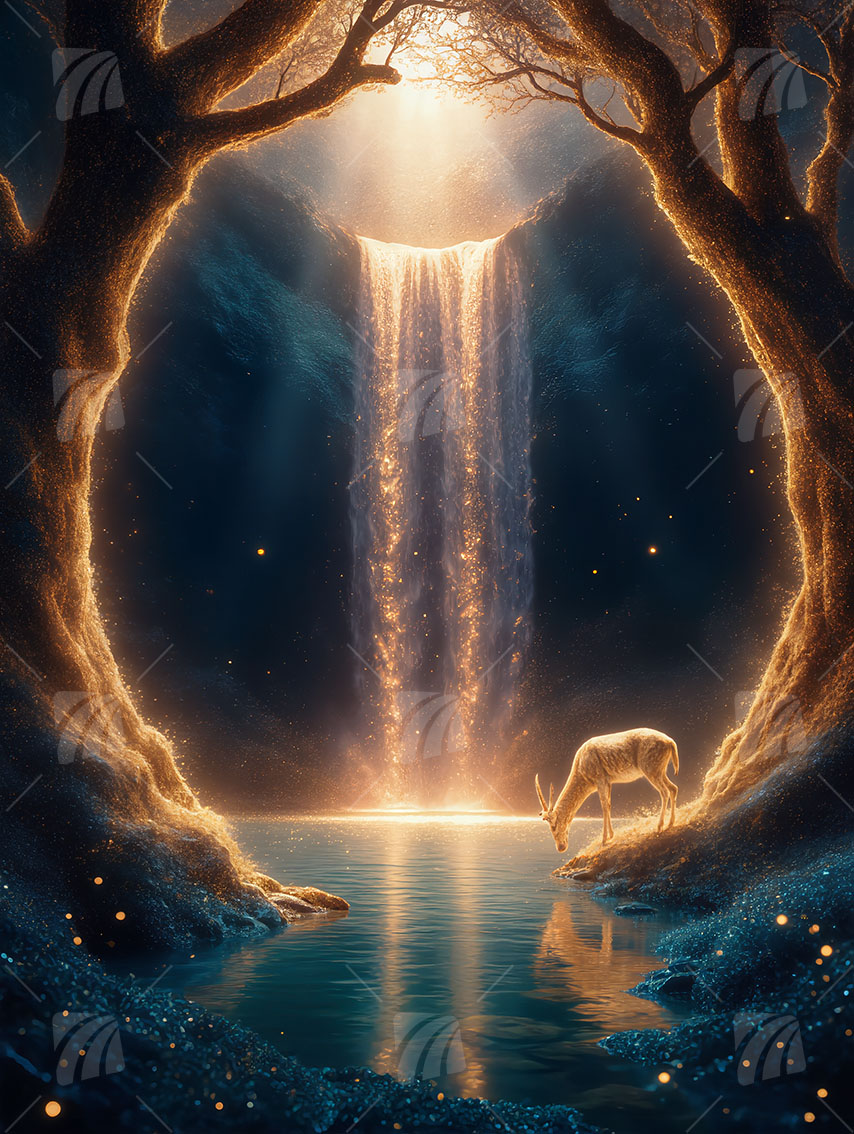 Magischer Gold-Wasserfall Nature Wandbild auf Aluminium Dibond Spanntuch