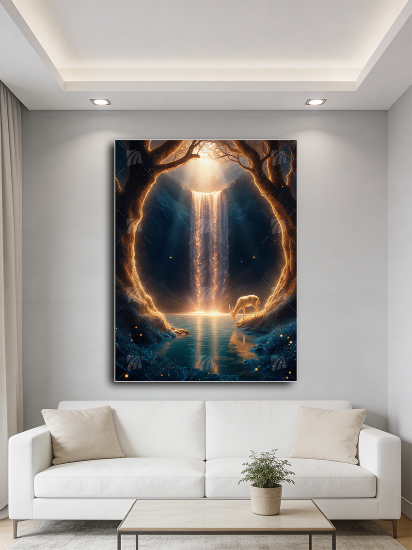 Magischer Gold-Wasserfall Nature Wandbild – Detailansicht
