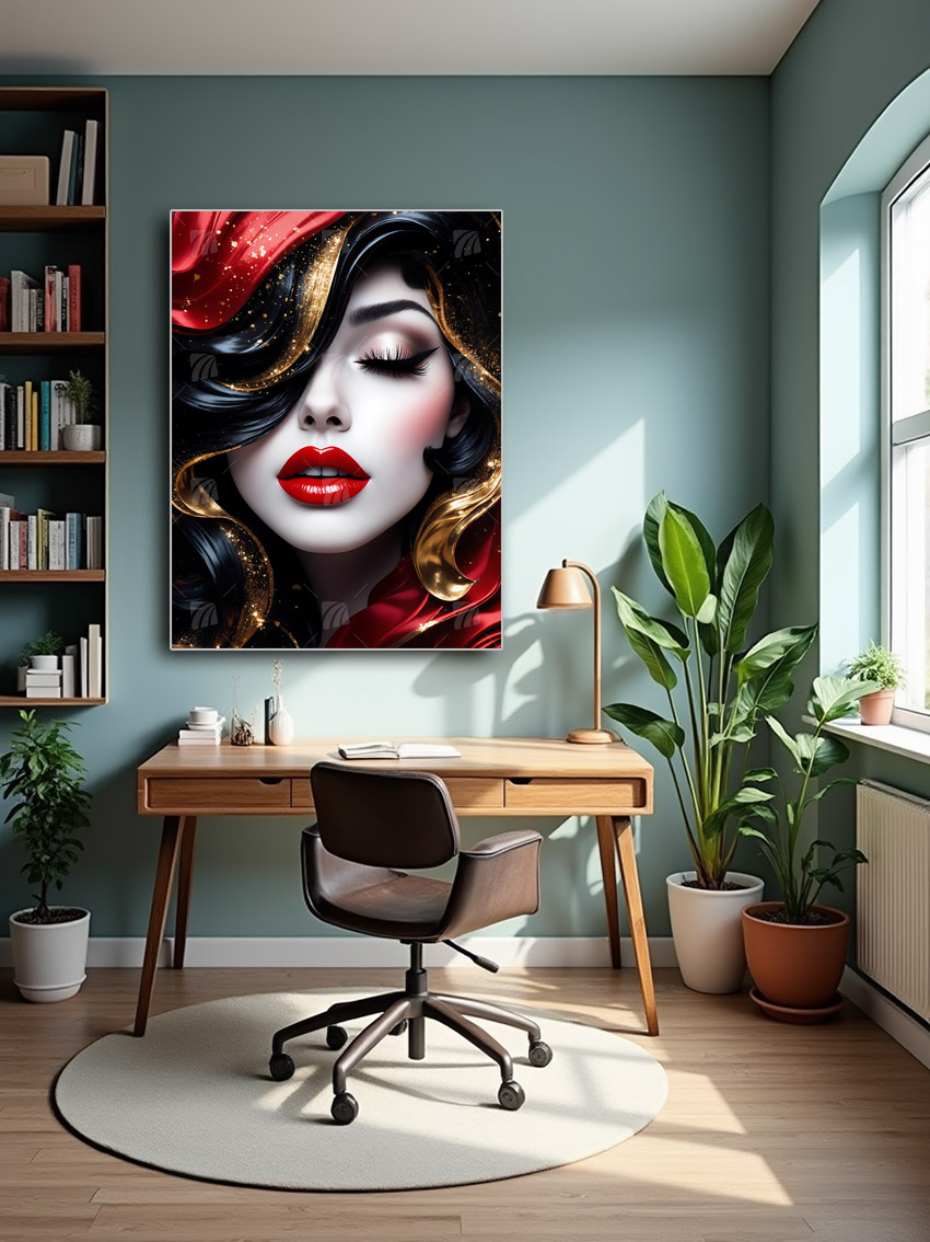 Roten Lippen Black & Gold Wandbild – Detailansicht