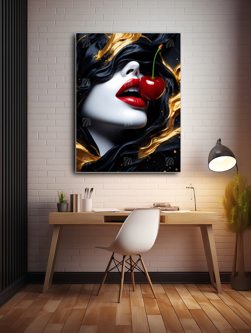 Geheimnisvolle Frau Black & Gold Wandbild – Detailansicht