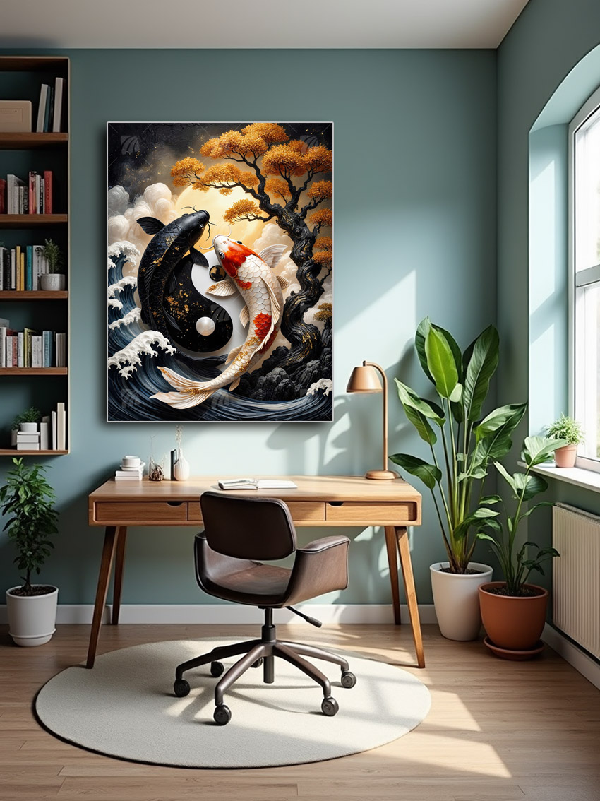 Yin Yang Koi Japanische Ästhetik Wandbild – Detailansicht