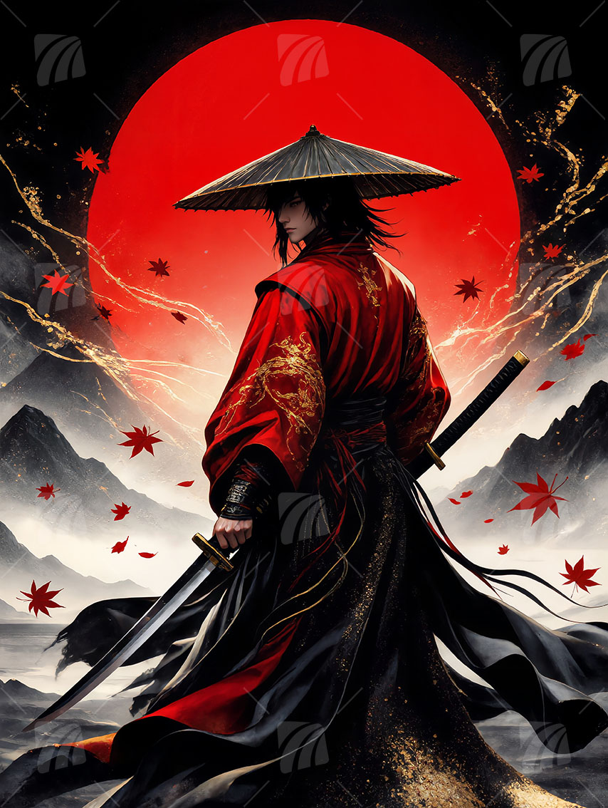 Scarlet Samurai Krieger Japanische Ästhetik Wandbild auf Aluminium Dibond Spanntuch