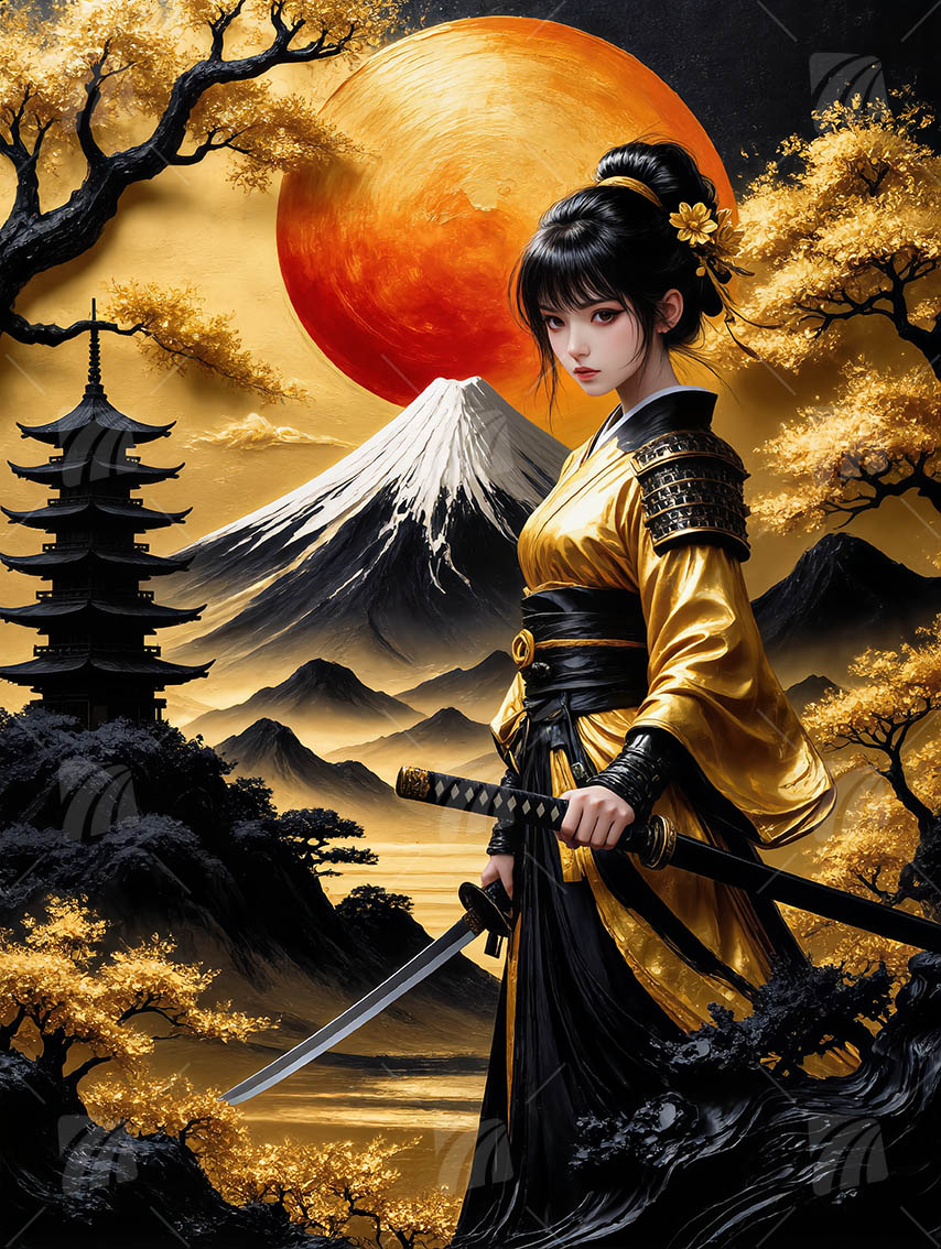 Samurai Frau mit Katana Japanische Ästhetik Wandbild auf Aluminium Dibond Spanntuch