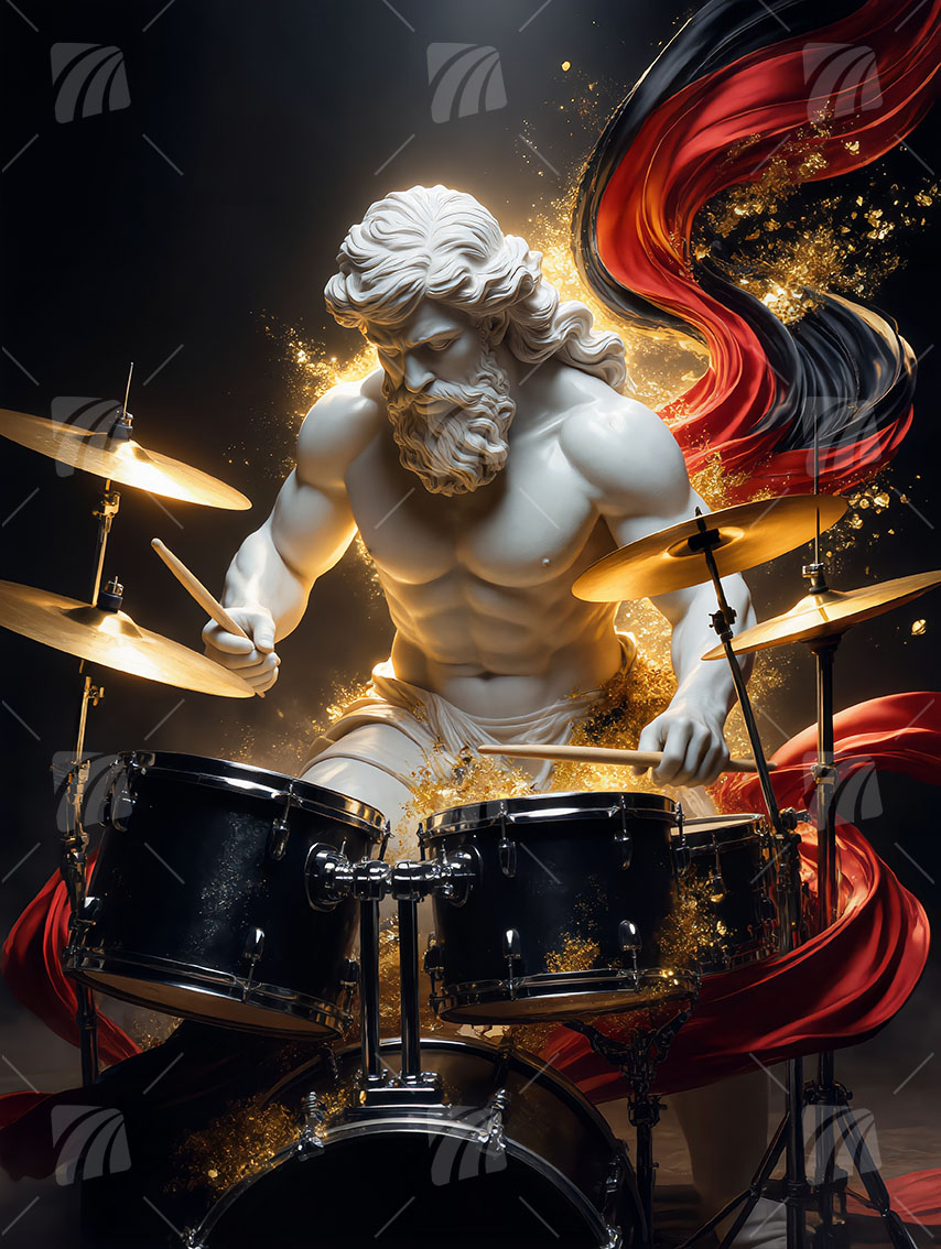 Götterstatue Drummer Mythisch Wandbild auf Aluminium Dibond Spanntuch