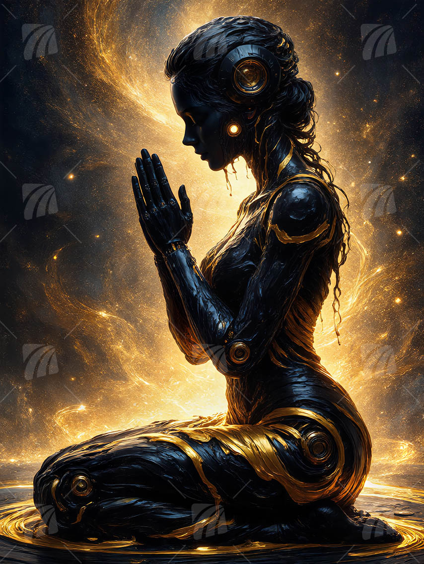 Golden Cyborg Serenity Black & Gold Wandbild auf Aluminium Dibond Spanntuch