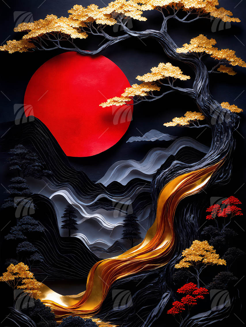 japanische Landschaft Black & Gold Wandbild auf Aluminium Dibond Spanntuch