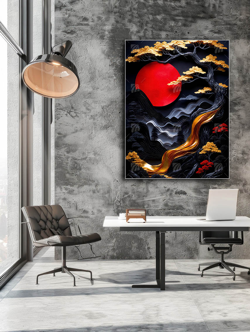 japanische Landschaft Black & Gold Wandbild – Detailansicht