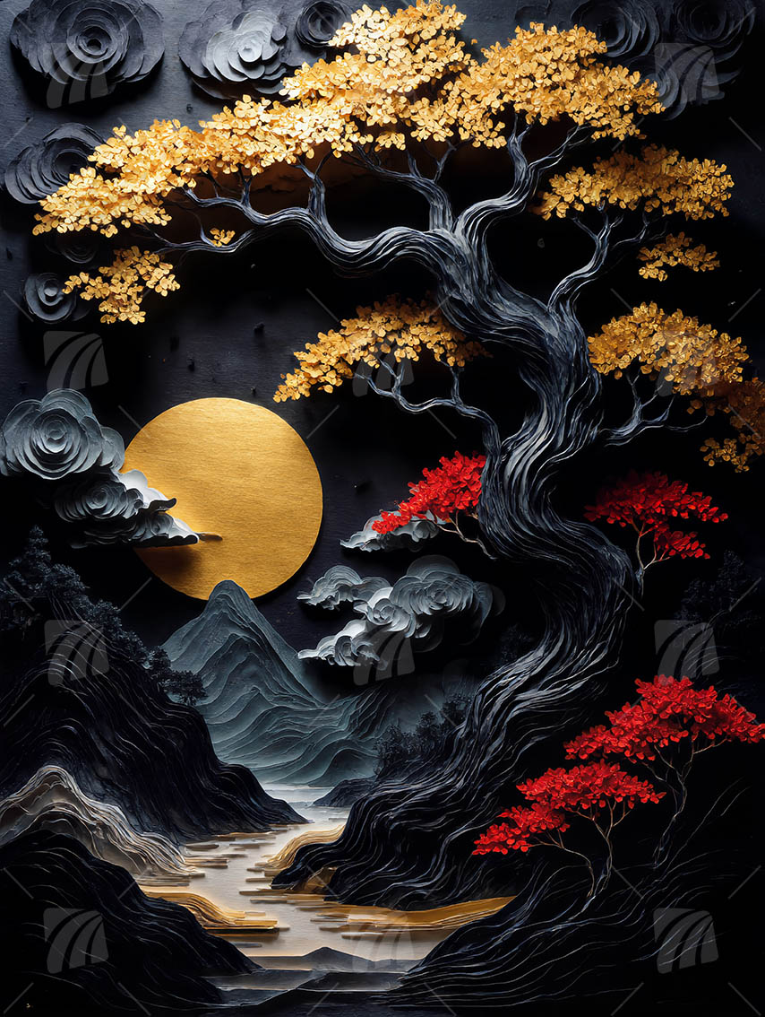 japanische Black & Gold Wandbild auf Aluminium Dibond Spanntuch