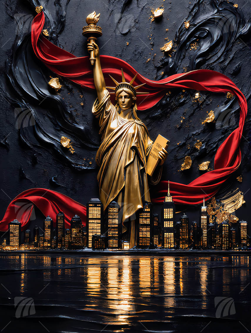 Goldene Freiheitsstatue Black & Gold Wandbild auf Aluminium Dibond Spanntuch