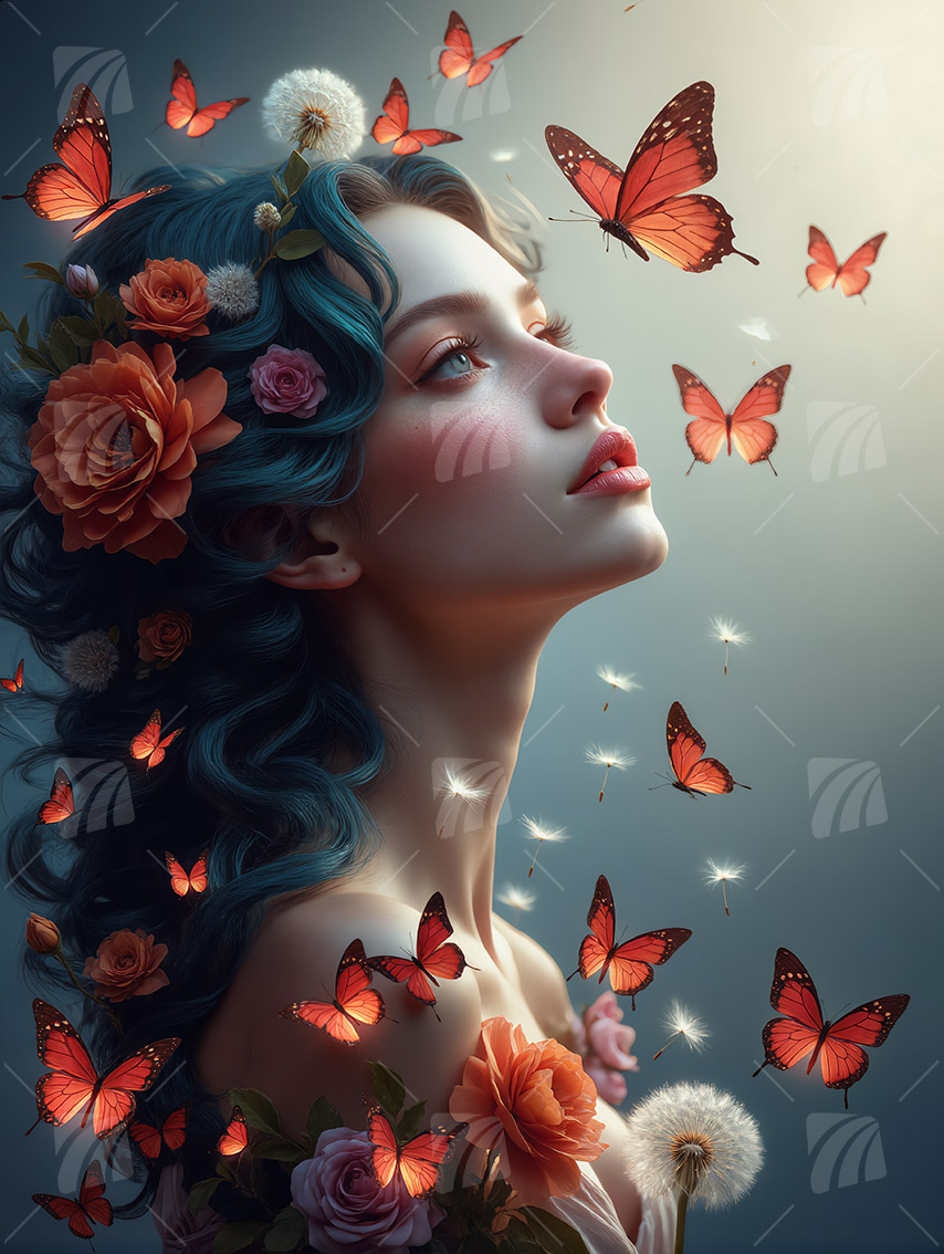 Butterfly Dream Mystische Weiblichkeit Wandbild auf Aluminium Dibond Spanntuch