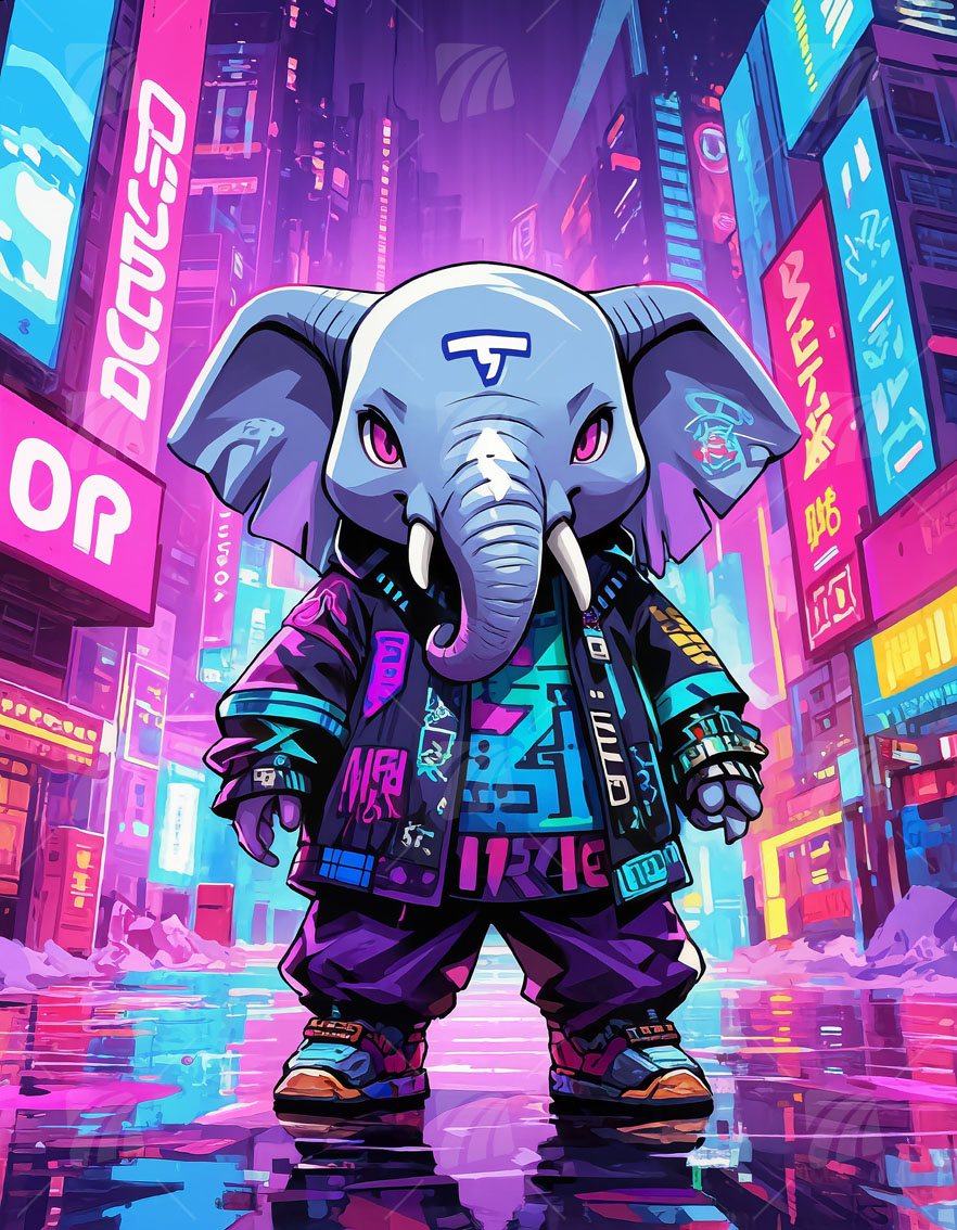 Cyber Elephant Neon Beasts Wandbild auf Aluminium Dibond Spanntuch
