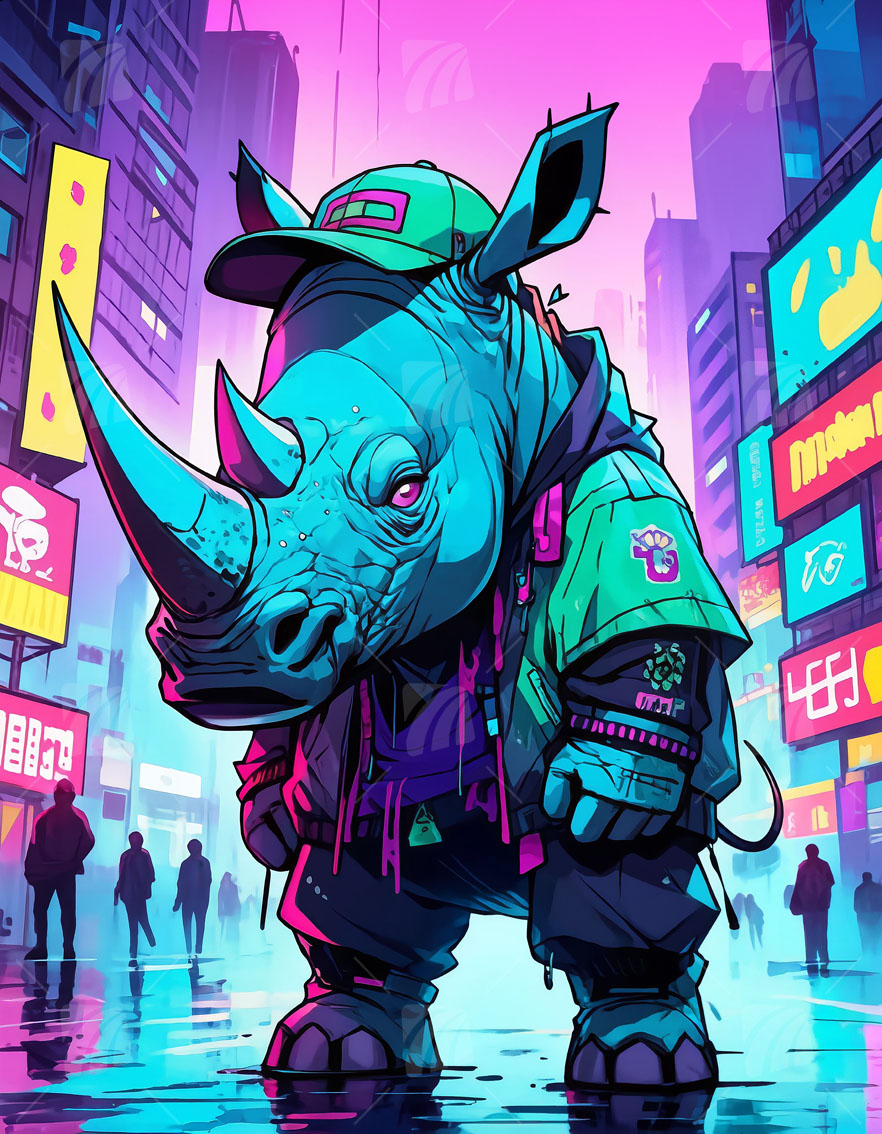 Rhino Neon Beasts Wandbild auf Aluminium Dibond Spanntuch