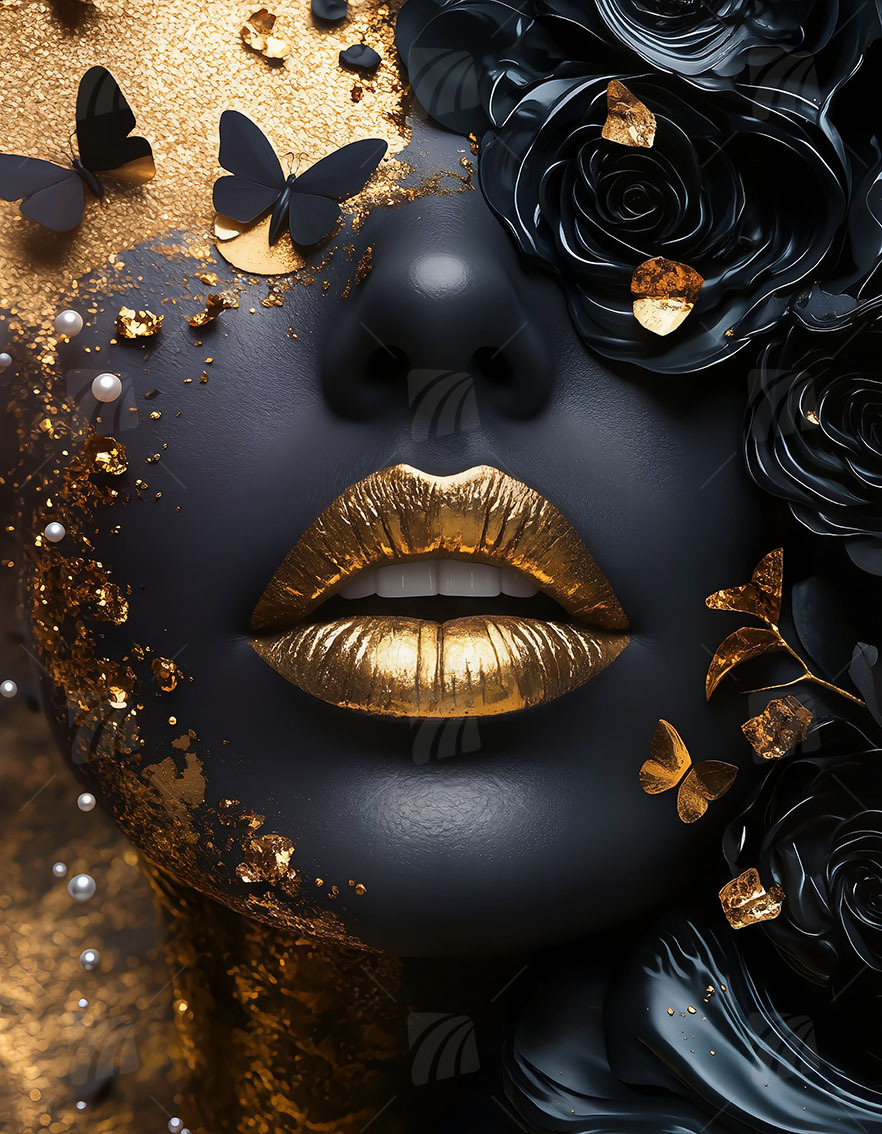 Golden Rose Black & Gold Wandbild auf Aluminium Dibond Spanntuch