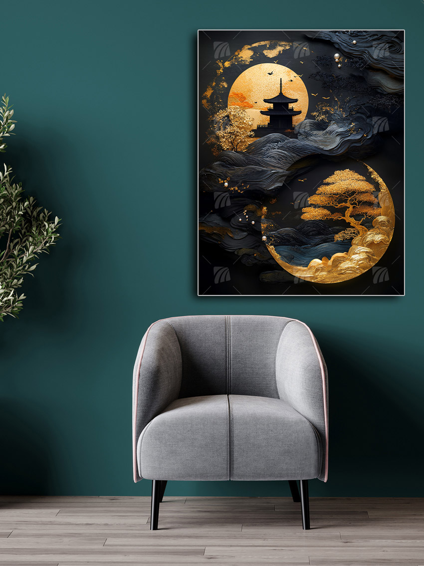 Golden Temple Black & Gold Wandbild – Detailansicht