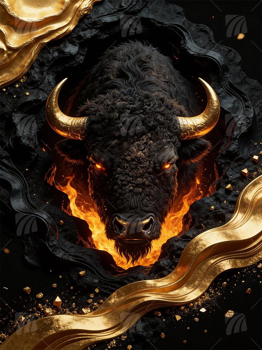 Fire Bison Tiere Wandbild auf Aluminium Dibond Spanntuch