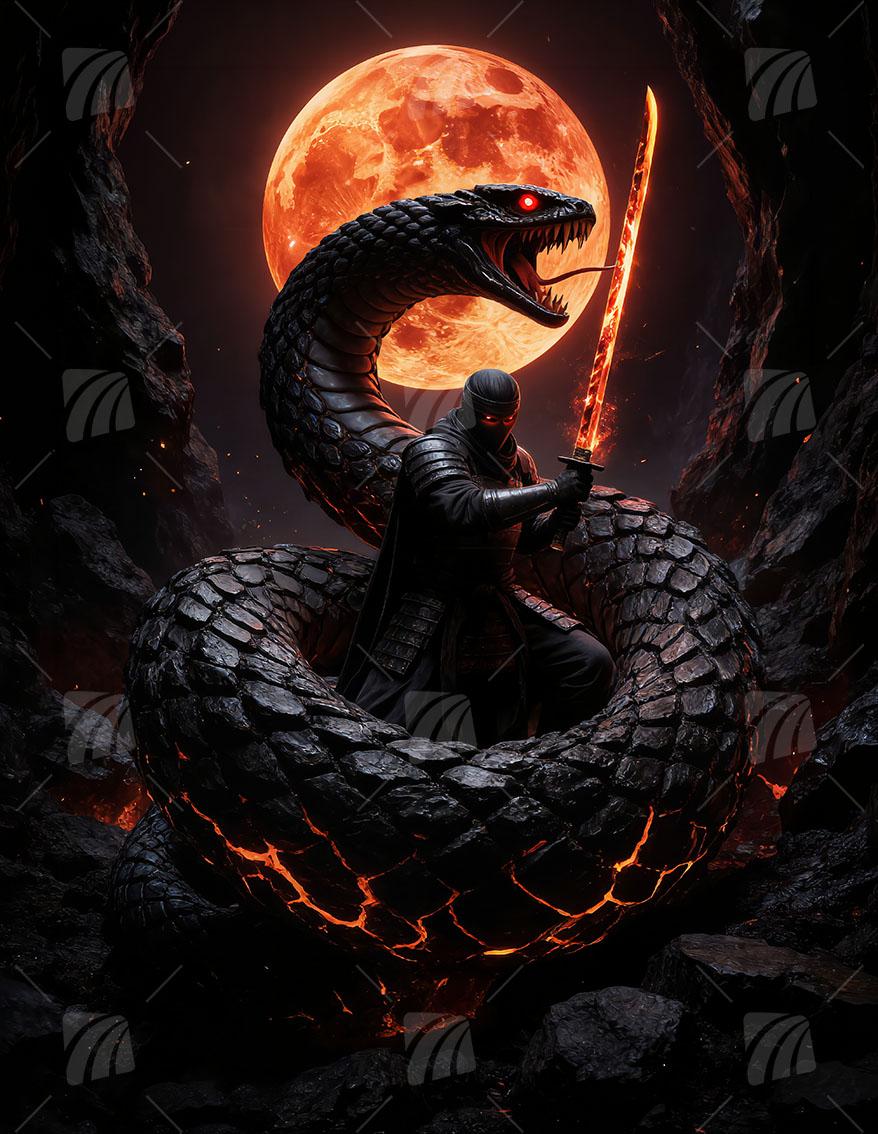 Ninja & Lava-Schlange Krieger Wandbild auf Aluminium Dibond Spanntuch