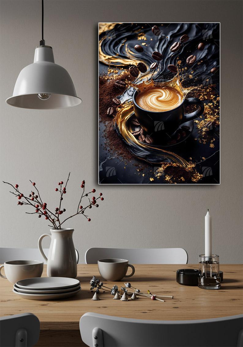Goldener Kaffee-Moment & Schwebende Bohnen kitchen Wandbild – Detailansicht