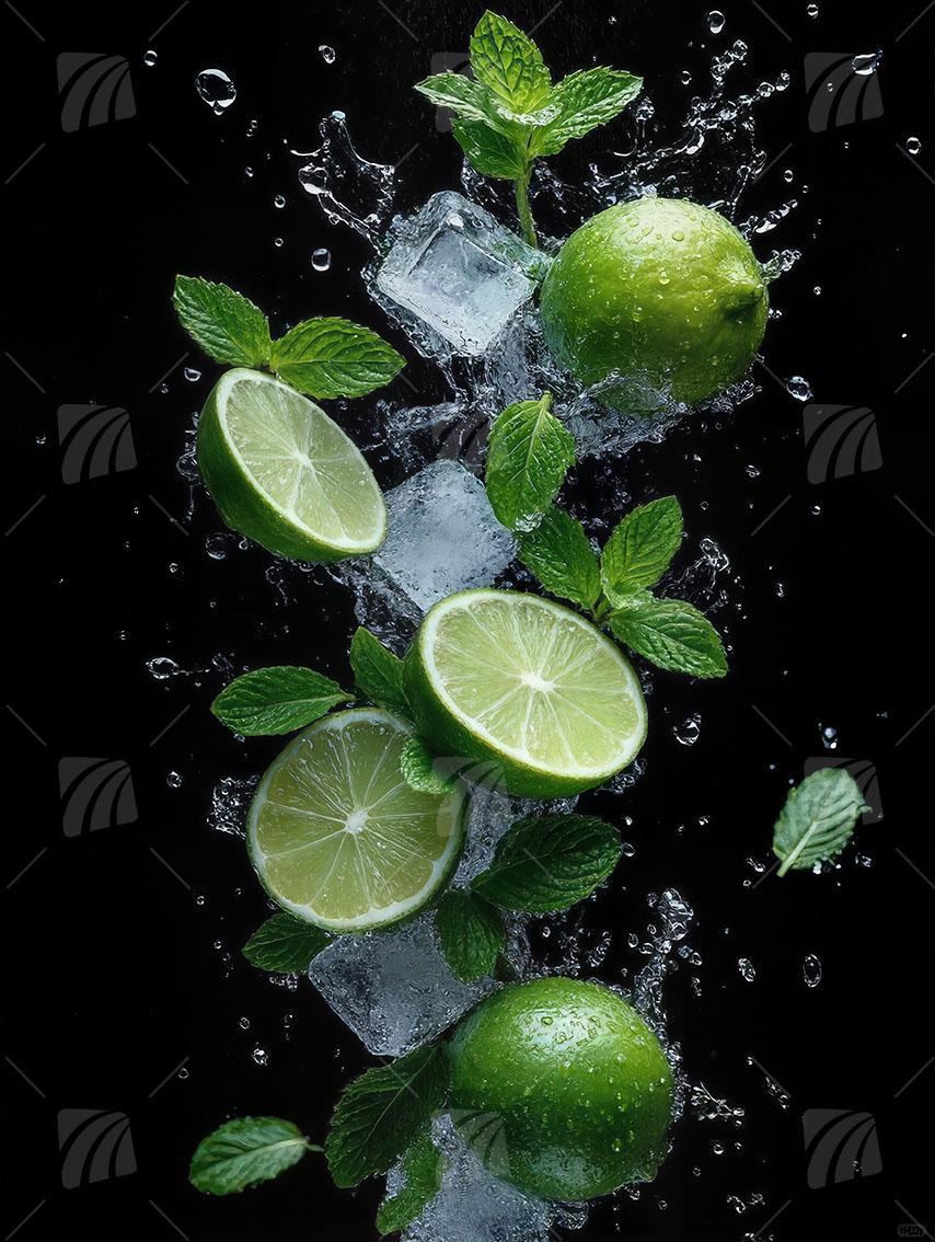 Frische Limetten & Minze Splash kitchen Wandbild auf Aluminium Dibond Spanntuch