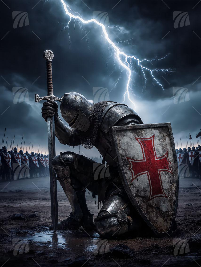 Tempelritter im Sturm & Blitzeinschlag Krieger Wandbild auf Aluminium Dibond Spanntuch