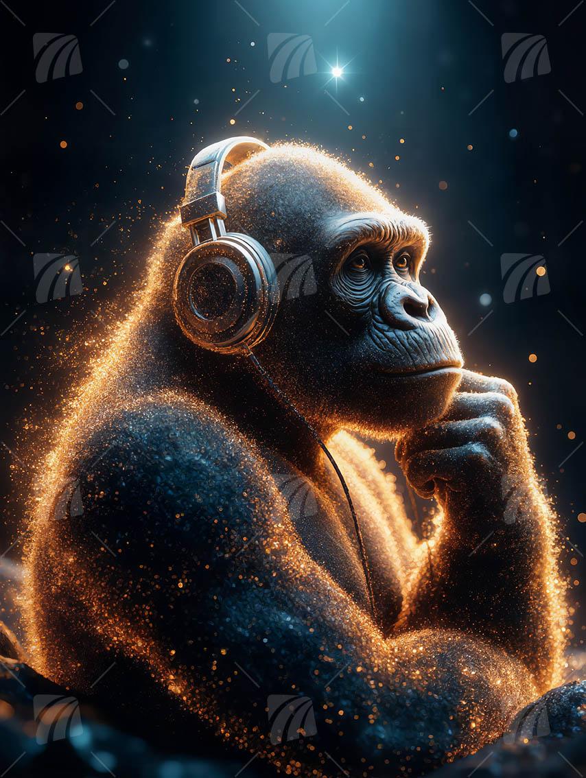 Glühender Gorilla mit Kopfhörern Tiere Wandbild auf Aluminium Dibond Spanntuch