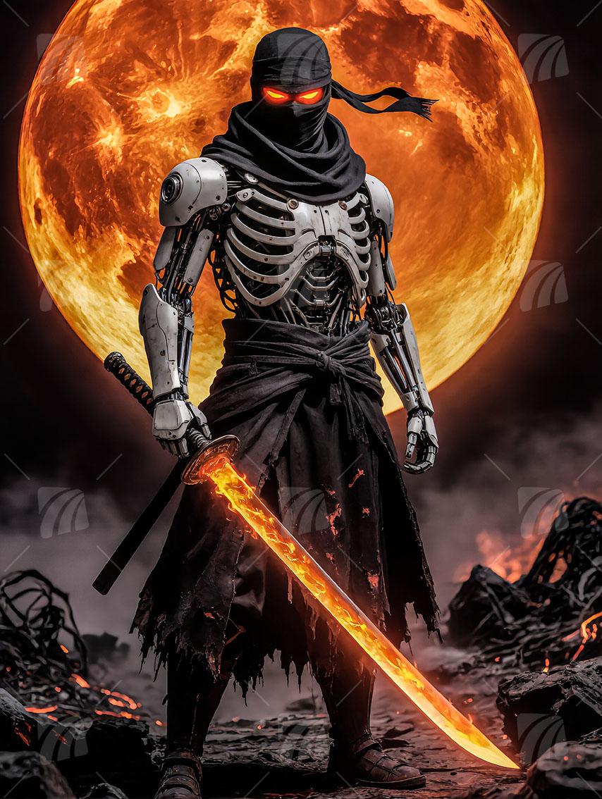 Cyborg-Ninja & Glühendes Katana  Krieger Wandbild auf Aluminium Dibond Spanntuch