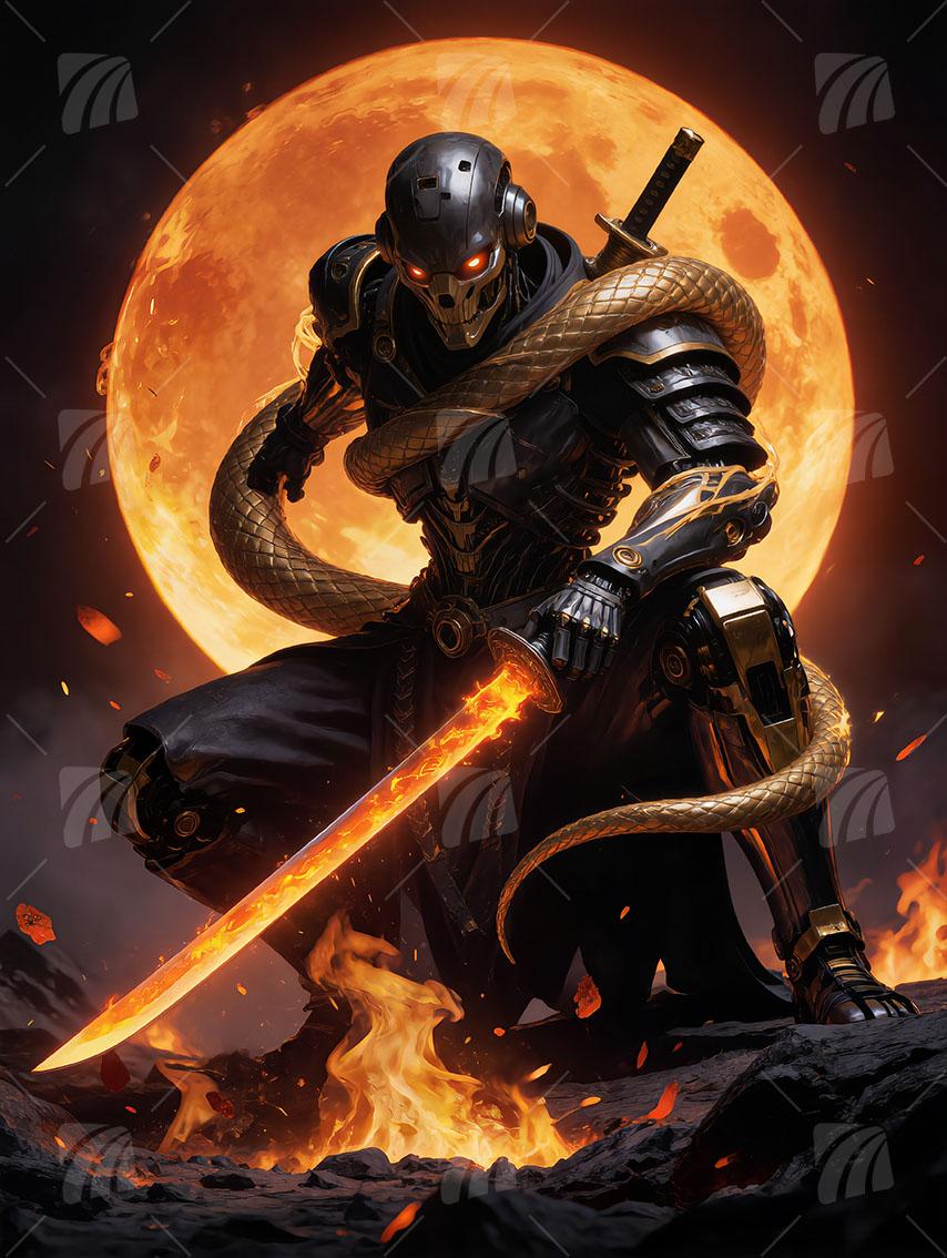 Mecha-Ninja & Goldene Schlange Krieger Wandbild auf Aluminium Dibond Spanntuch