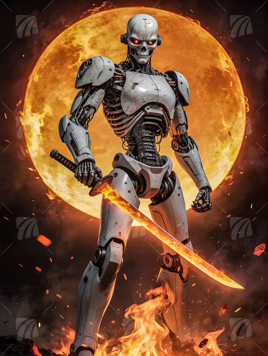 Skelett-Cyborg Krieger Wandbild auf Aluminium Dibond Spanntuch