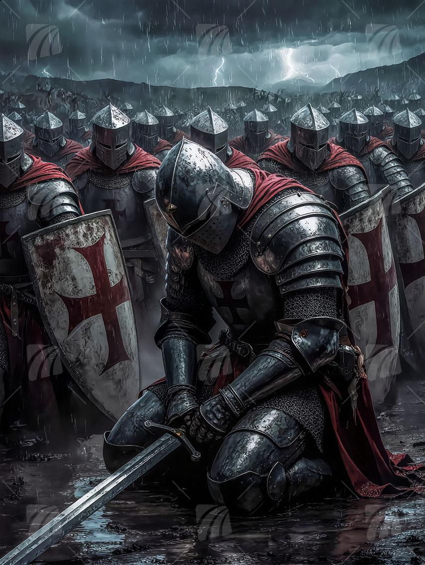 Das Heer der Tempelritter im Regen Krieger Wandbild auf Aluminium Dibond Spanntuch