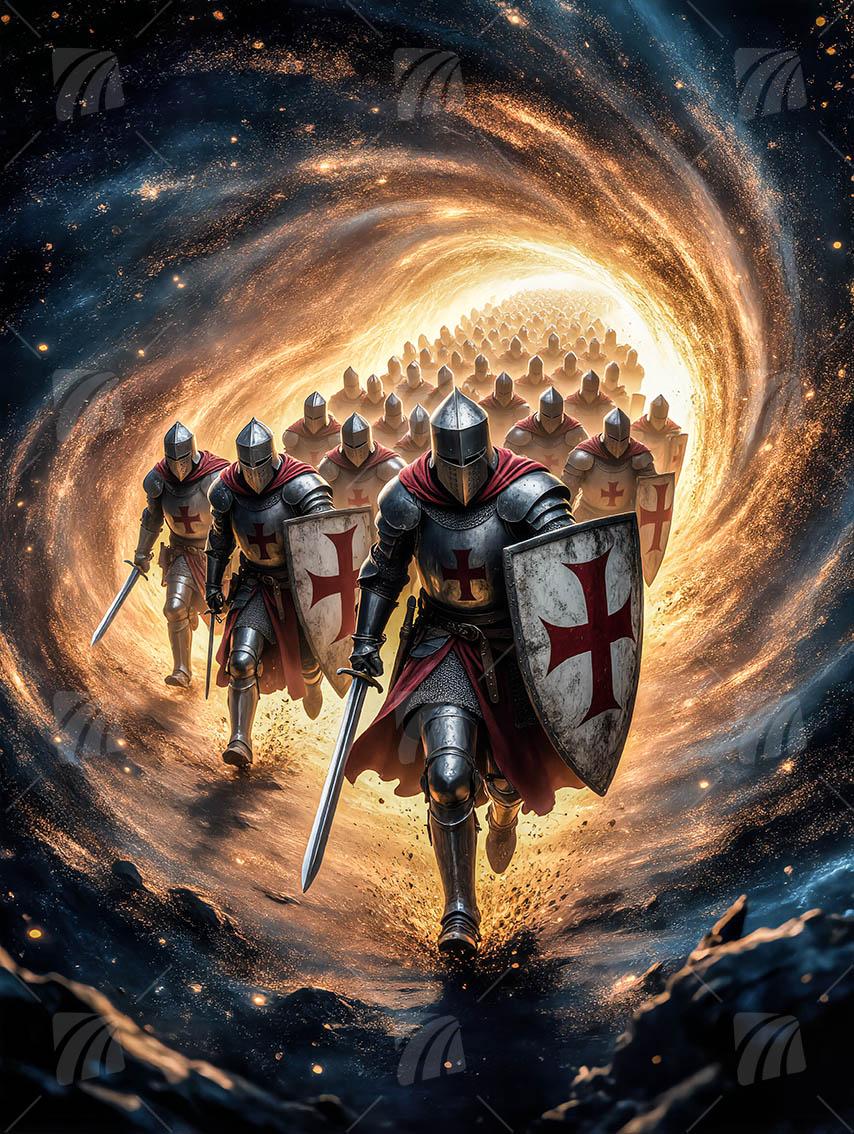 Tempelritter – Marsch durch das goldene Portal Krieger Wandbild auf Aluminium Dibond Spanntuch