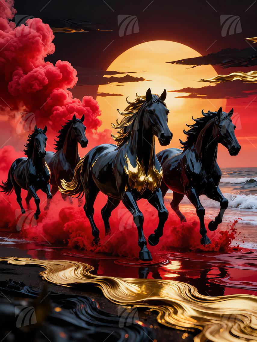 Galoppierende schwarze Pferde Tiere Wandbild auf Aluminium Dibond Spanntuch