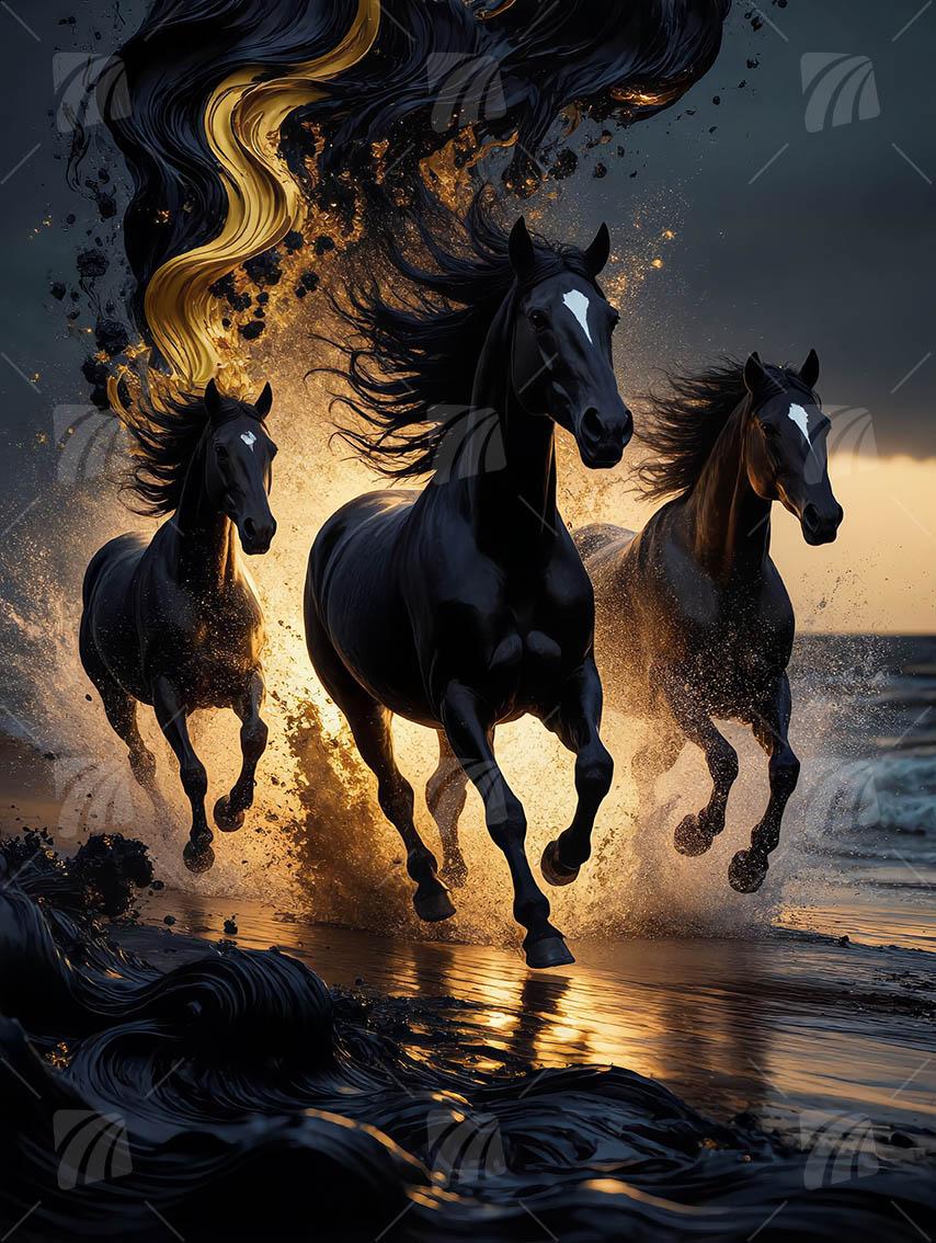 Schwarze Hengste im goldenen Ozean-Splash Tiere Wandbild auf Aluminium Dibond Spanntuch