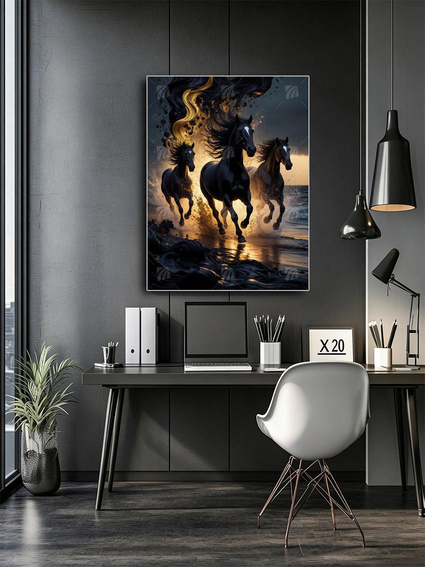 Schwarze Hengste im goldenen Ozean-Splash Tiere Wandbild – Detailansicht