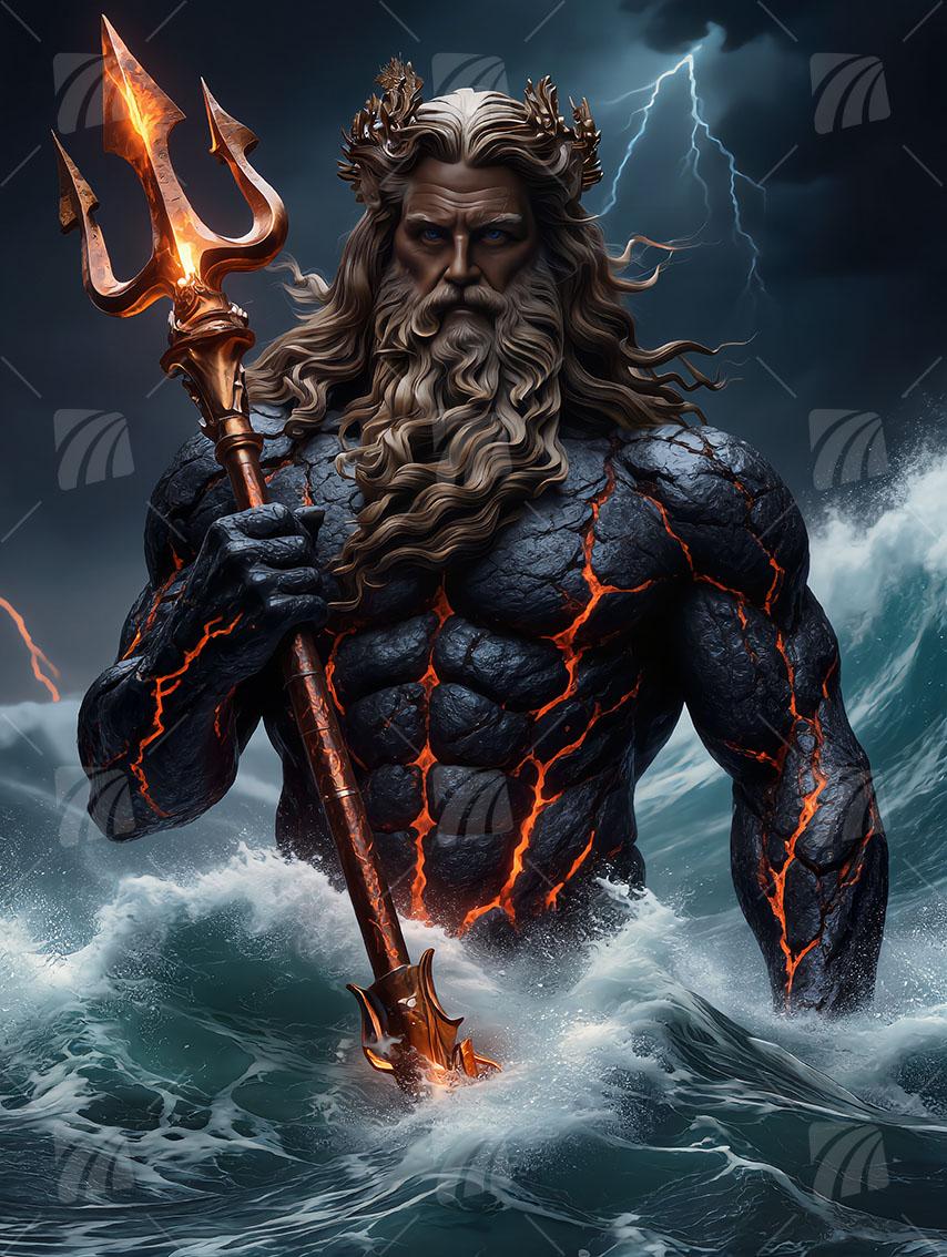 Poseidons Erwachen – Gott der Meere & Lava-Energie Mythisch Wandbild auf Aluminium Dibond Spanntuch