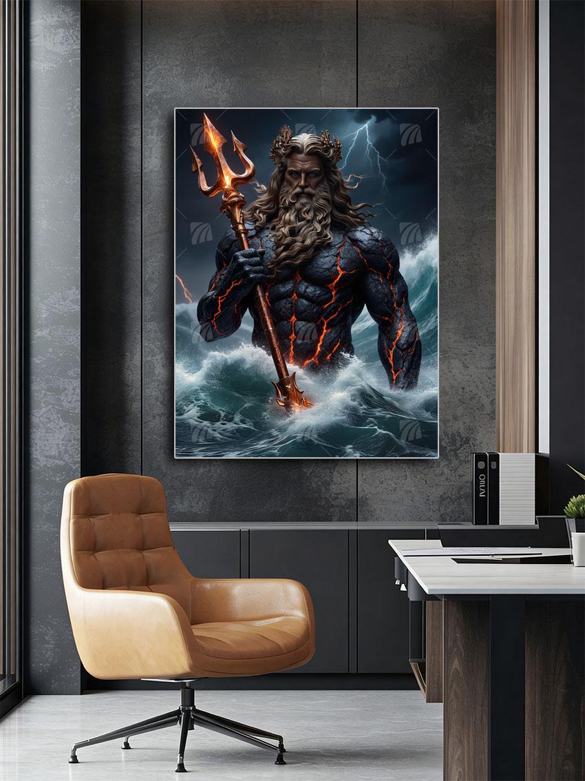 Poseidons Erwachen – Gott der Meere & Lava-Energie Mythisch Wandbild – Detailansicht
