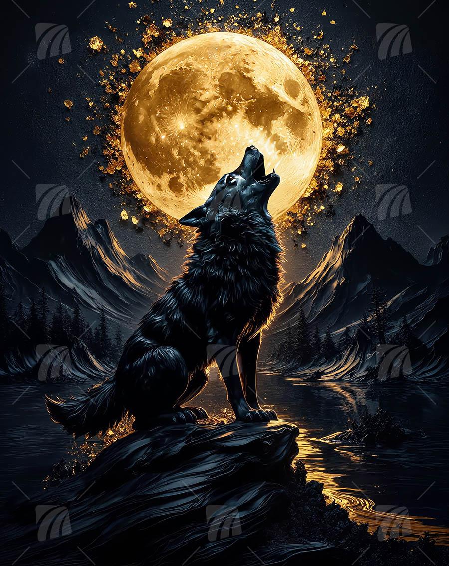 Heulender Wolf im Mondschein Tiere Wandbild auf Aluminium Dibond Spanntuch