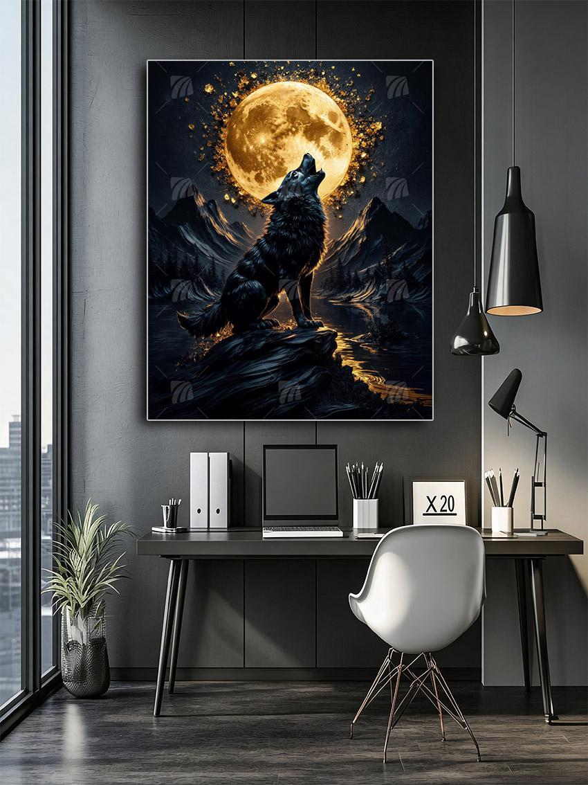 Heulender Wolf im Mondschein Tiere Wandbild – Detailansicht