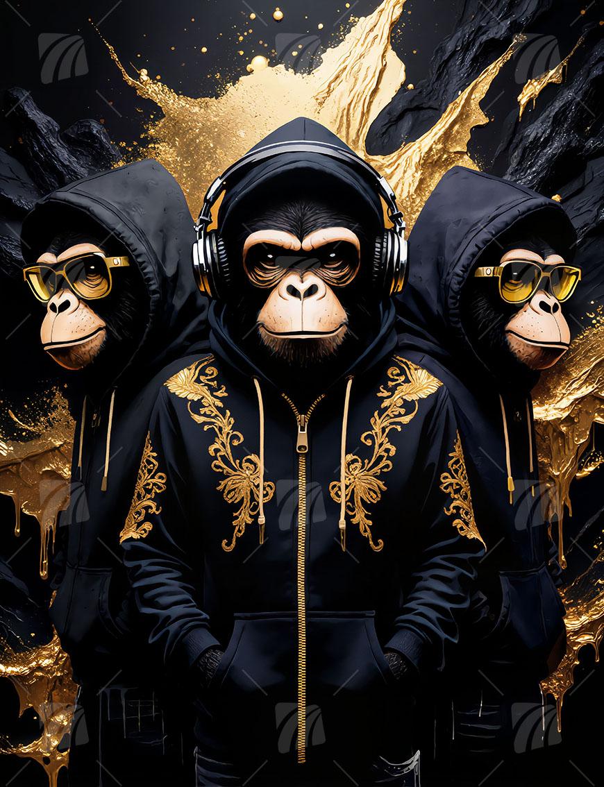 Drei Gorillas in Hoodie & Gold Pop Art Wandbild auf Aluminium Dibond Spanntuch