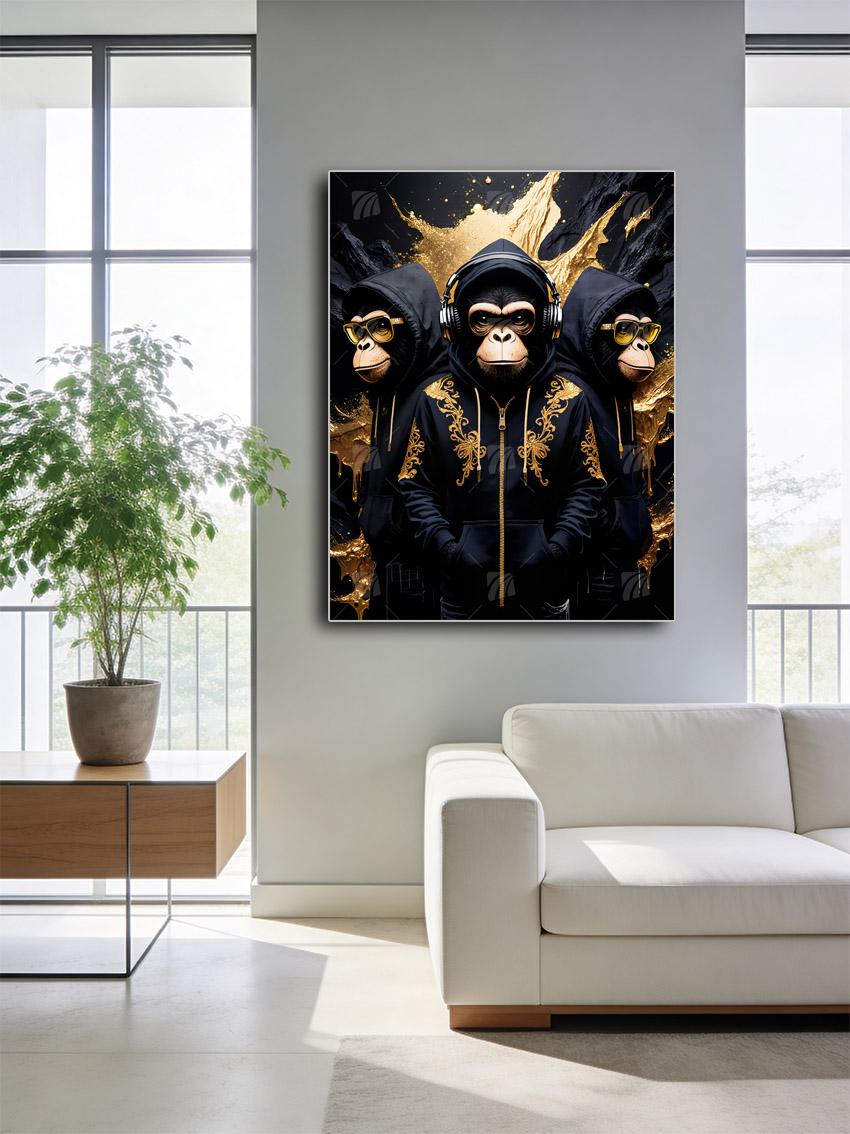 Drei Gorillas in Hoodie & Gold Pop Art Wandbild – Detailansicht