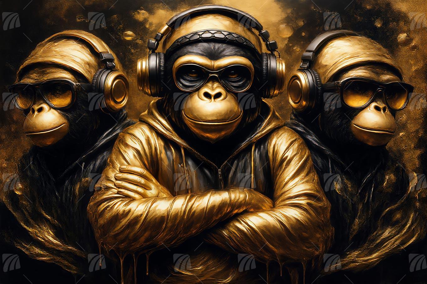 Drei Gorillas im Urban-Luxus Pop Art Wandbild auf Aluminium Dibond Spanntuch