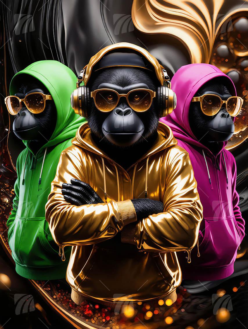 Gorillas in Gold, Pink & Grün Pop Art Wandbild auf Aluminium Dibond Spanntuch