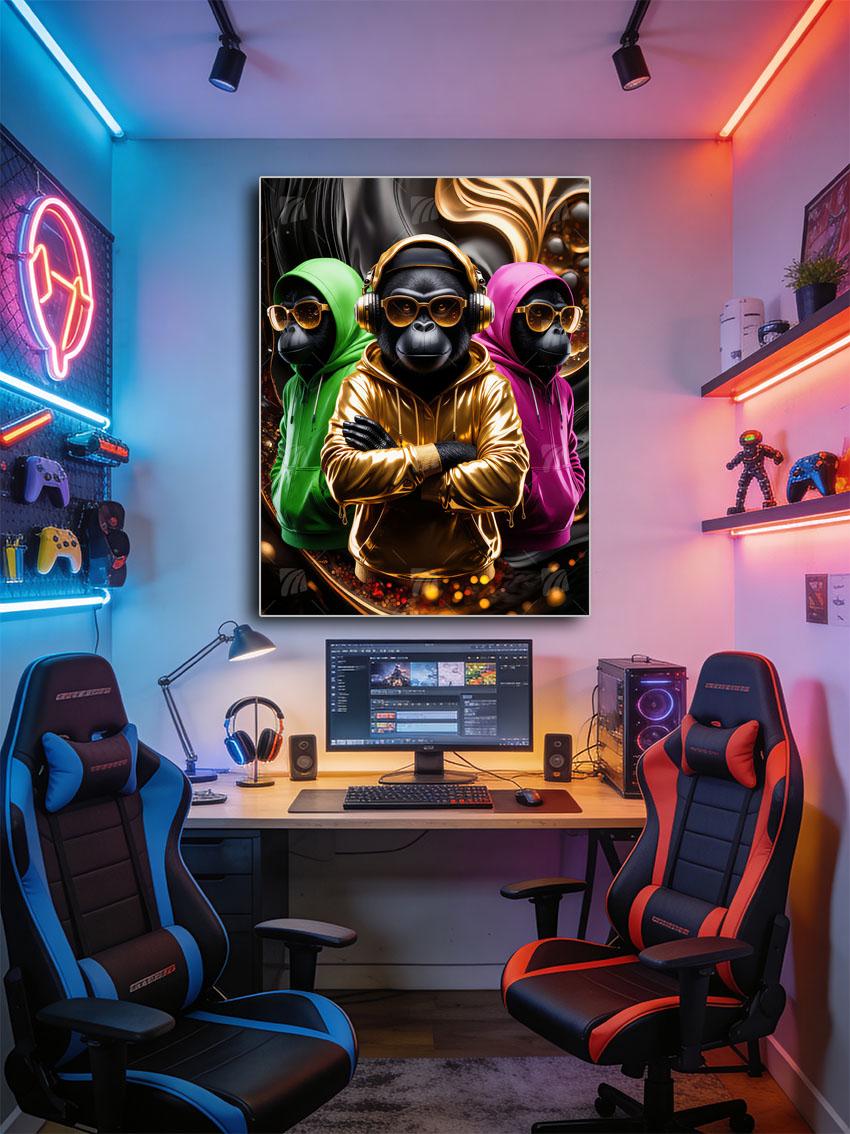 Gorillas in Gold, Pink & Grün Pop Art Wandbild – Detailansicht