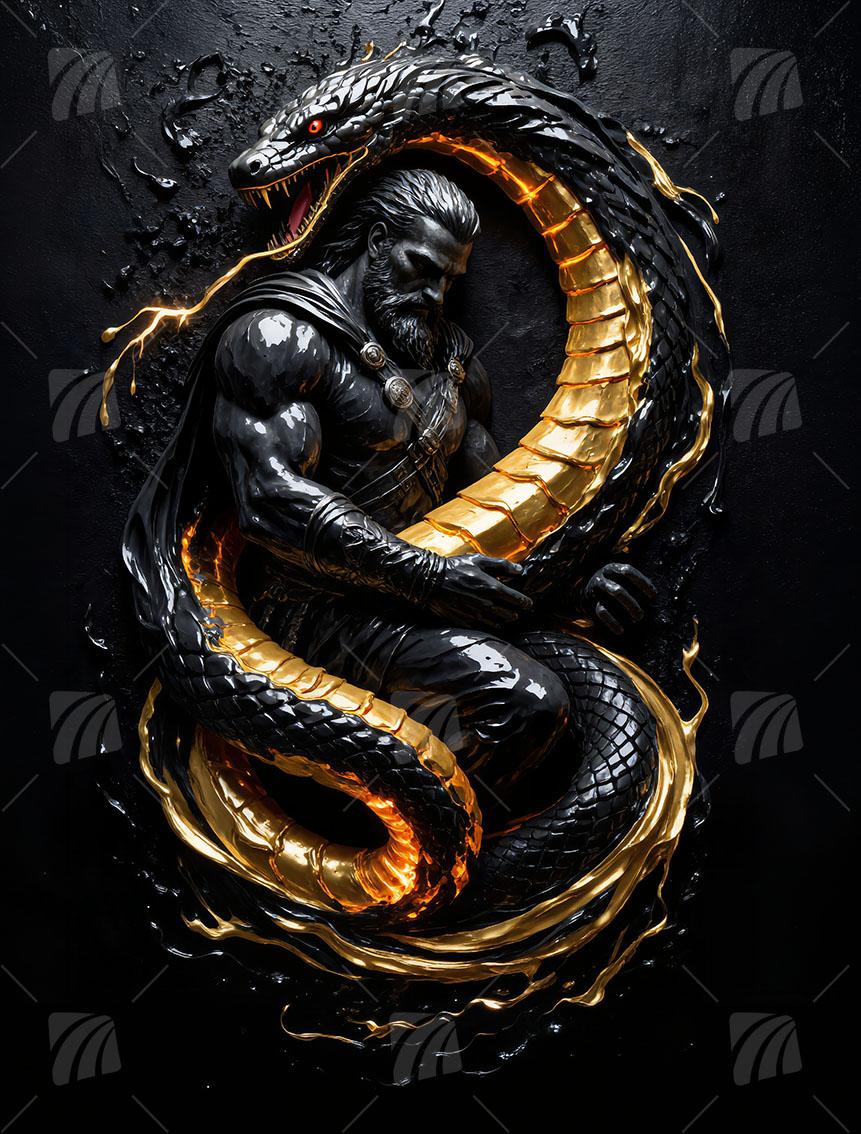  Der goldene Schlangenkrieger Krieger Wandbild auf Aluminium Dibond Spanntuch