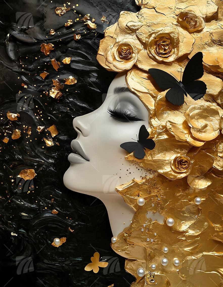 Golden Muse Black & Gold Wandbild auf Aluminium Dibond Spanntuch